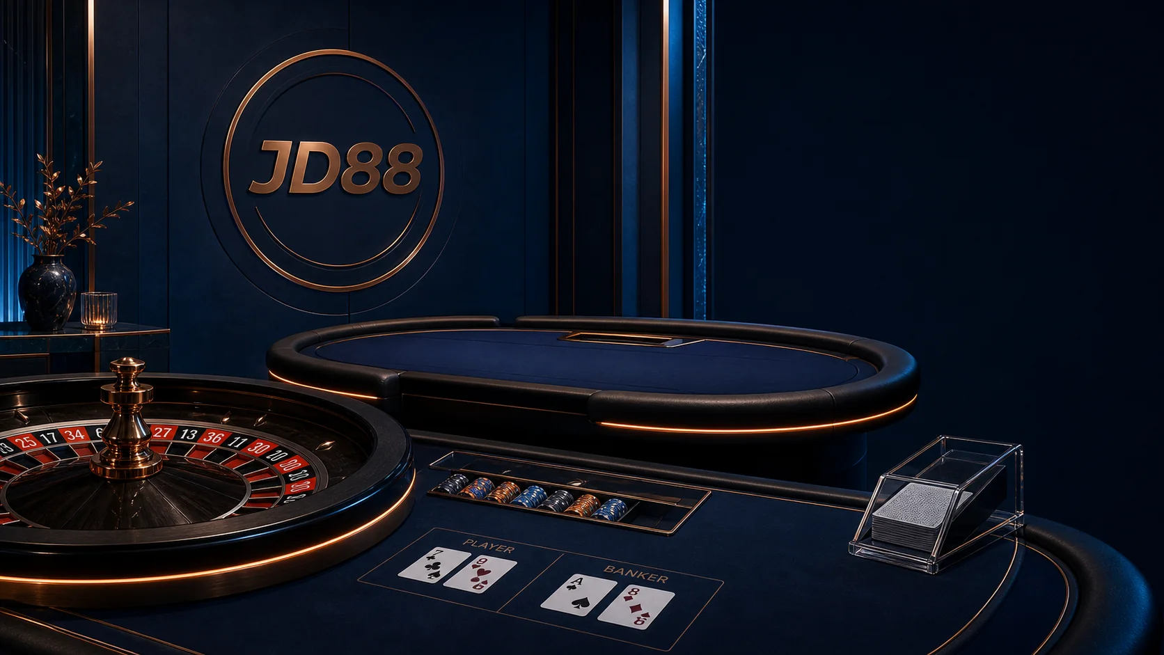 Không gian casino live JD88 tông xanh đậm và ánh đồng